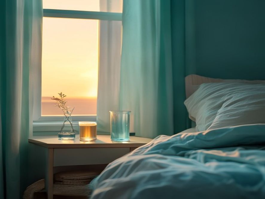 Simple bedroom morning scene with natural light and a glass of water on nightstand